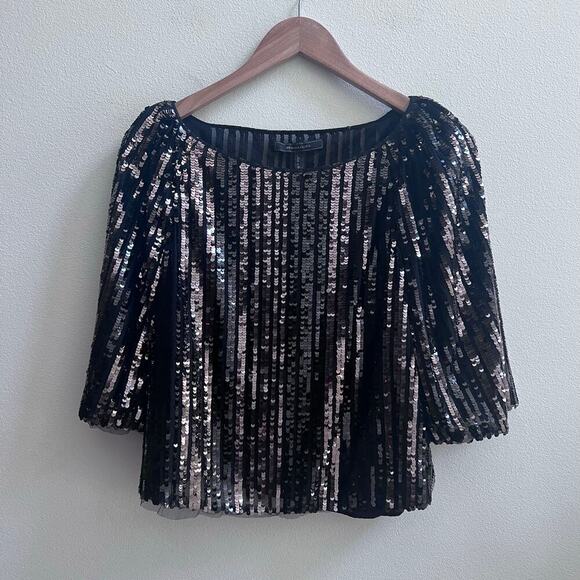 BCBG Max Azria Mesh Sequin Black Crop Top Blouse Women's Size M - Picture 2 of 8